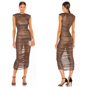 Bronx and Banco Maya Brown Metallic Glitter Ruched Mesh Midi Dress Size XS